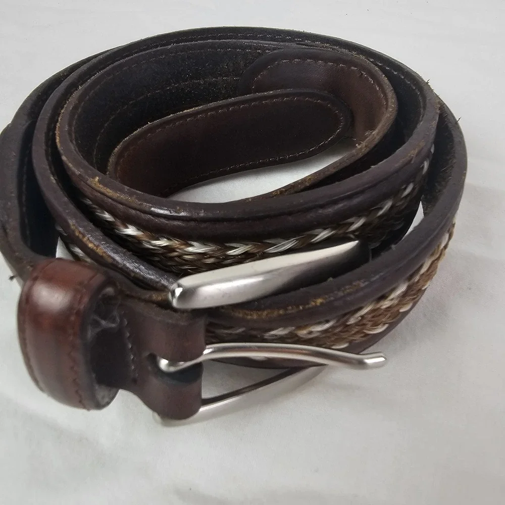 Brown Leather Belt Mens Braided Horsehair Inlay Western Cowboy Equestrian 37-40